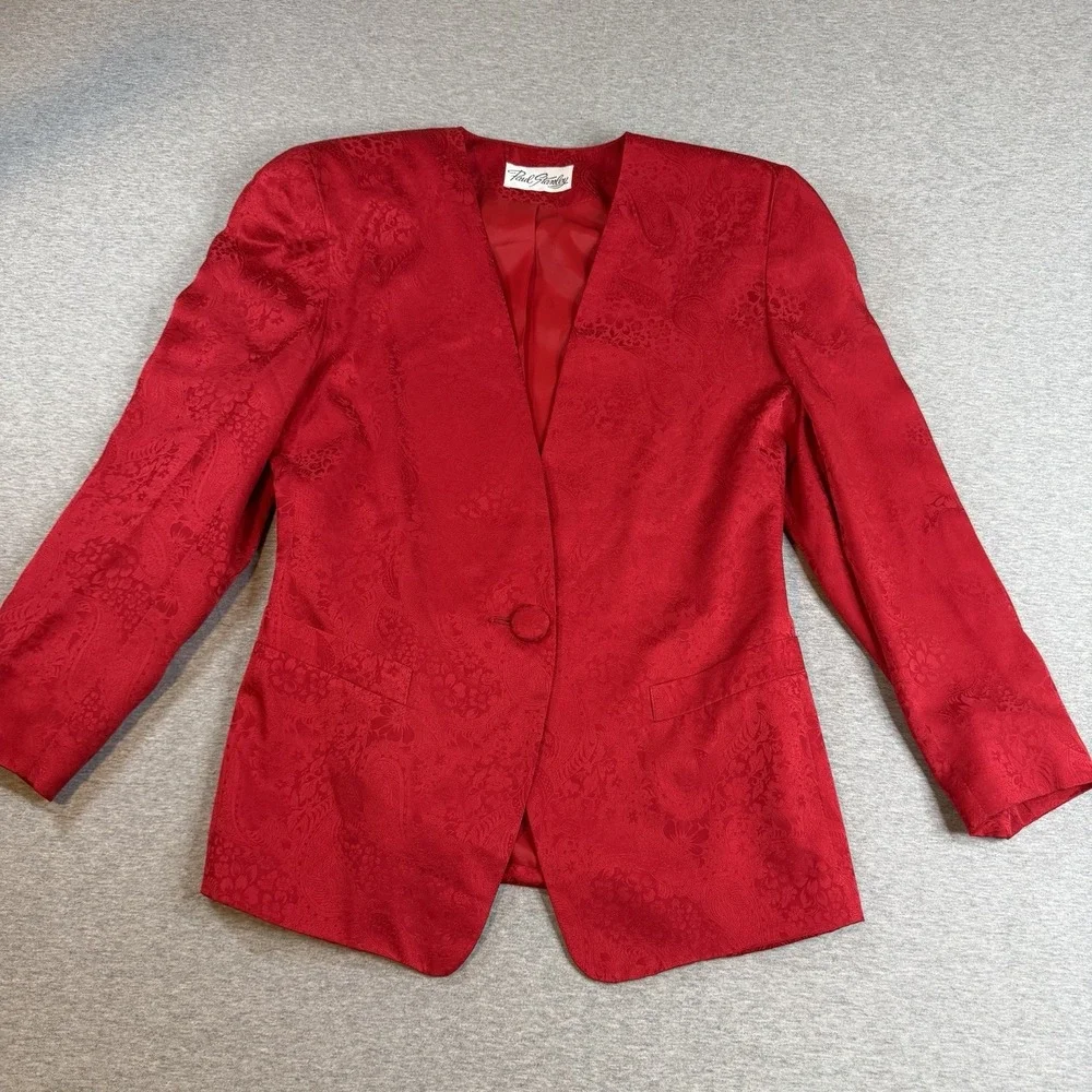 Vintage Paul Stanley Red Silk Blazer Power Jacket Textured Single Button Sz 2